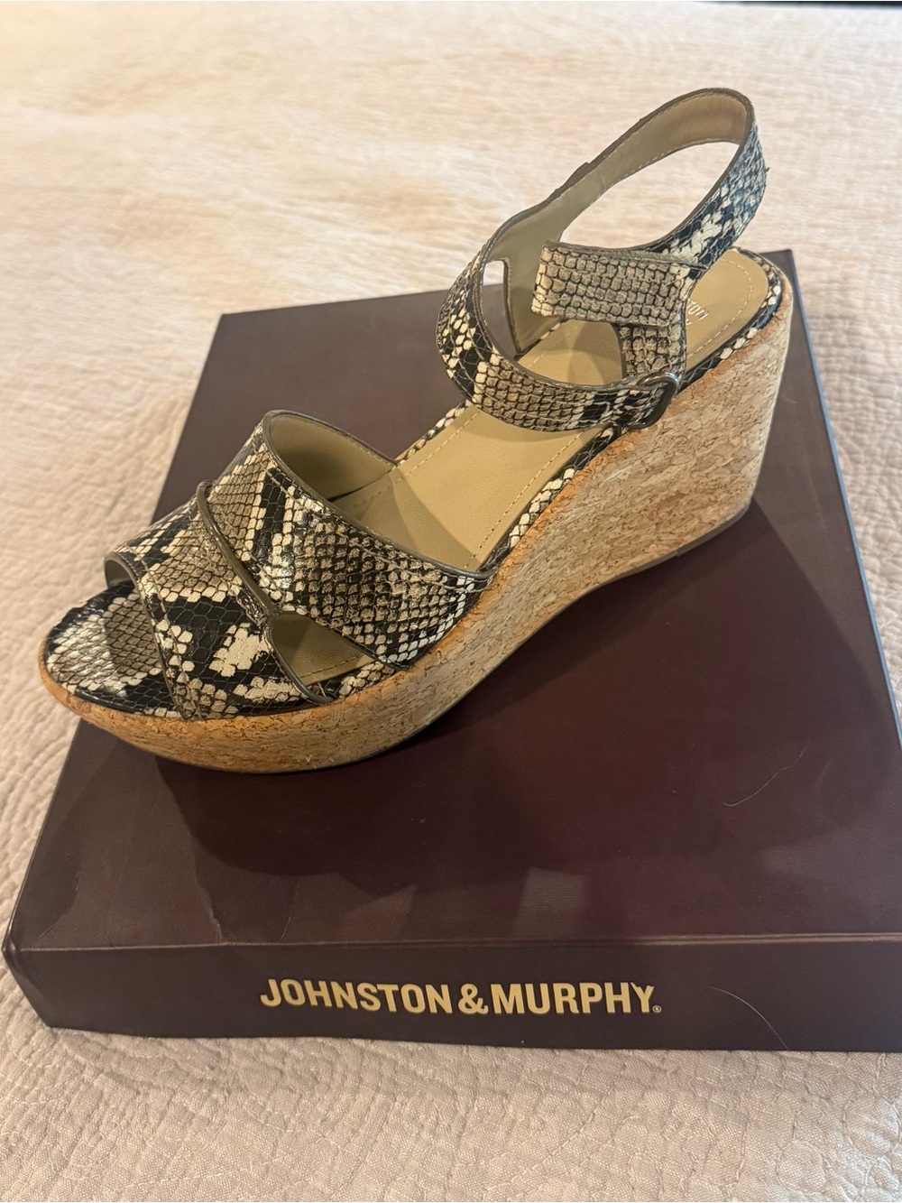 Johnston & Murphy Snake-Print Cork Wedge Sandal in Black and Cream